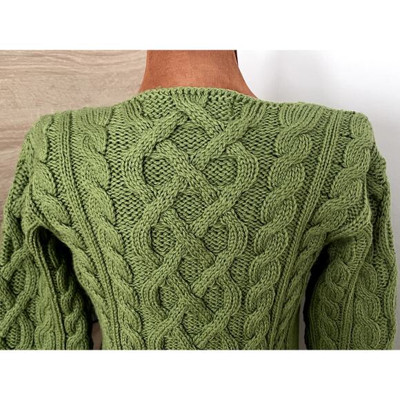 Inis Crafts Sz S Cable Knit Sweater Green Merino Wool Fisherman Ireland Cottage - Picture 8 of 10
